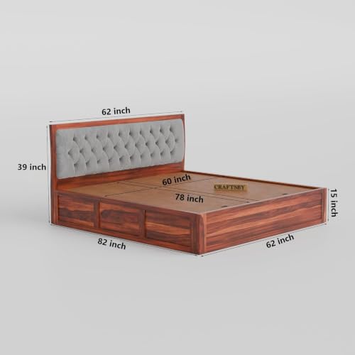 Image of Solid Sheesham Wood Queen Size Bed with Box Storage | Grey Upholstered Cushion Headboard | Wooden Double Bed for Bedroom | Palang /Cot /Mancham, Honey Finish