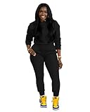 TOPSRANI Womens Two Piece Outfits Bodycon Tracksuit Sweatsuits Hoodie Solid Jogger Biker Workout Lounge Long Sleeve Pant Sets Black L