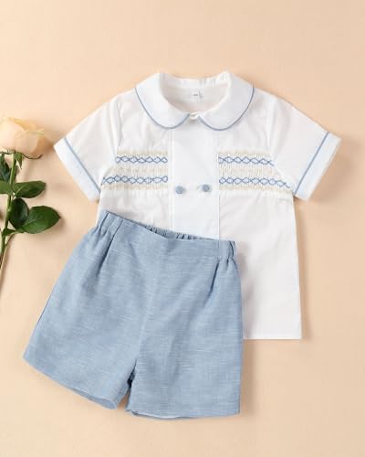 Image of Twoflower Smocked toddler boy outfits Summer Cotton Short Sleeve boys' button-down shirts Casual 2 piece Clothing Set