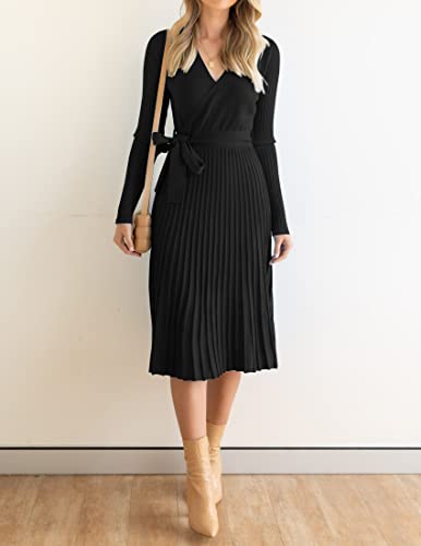 Zesica Women'S 2024 Fall Long Sleeve Wrap V Neck Ribbed Knit Pleated A Line Pullover Sweater Dress With Belt,Black,Small thumb #2