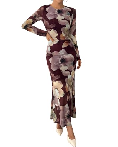 BTFBM Wedding Guest Dresses for Women Fall Fashion 2025 Bodycon Long Sleeve Boho Mesh Party Cocktail Floral Maxi Dress