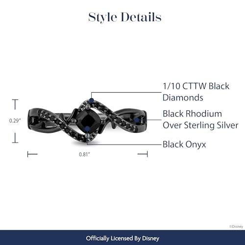 Disney Villain Maleficent Engagement Ring for Women with 4MM Center Cushion Shape Onyx and 1/10 Cttw Treated Black Round Diamond in Black Rhodium over Sterling Silver by Jewelili | Enchanted Disney Fine Jewelry3