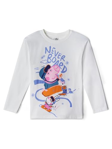 Image of The Souled Store Official Peppa: Never Bored Baby Girls and Girls White Graphic Printed Round Neck Regular Fit Cotton Full Sleeve T-Shirts Girl's Full Sleeve T-Shirts Graphic Tees Cotton Casual