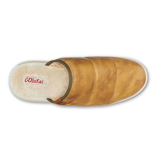 OLUKAI Mua'lli Herren Hausschuhe Premium Leder Slip On Schuhe Shearling Futter & Extra Wärme, Goldener Sand/Knochen, 46 EU