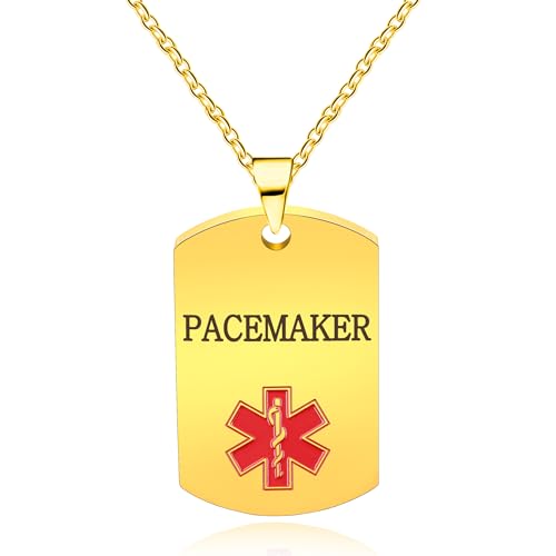 Zircobic Collana Medica Pacemaker Dorata – Pendente Impermeabile Inciso in Acciaio Inossidabile, Ipoallergenico, Regolabile, Unisex, per Quotidiano