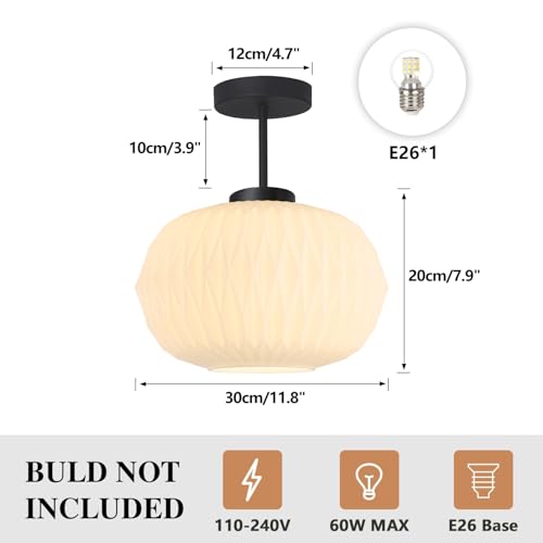 Image of Semi Flush Mount Ceiling Light Modern Black Close to Ceiling Light Fixture Vintage Striation Glass Ceiling Lamp Industrial Chandelier for Hallway Bedroom