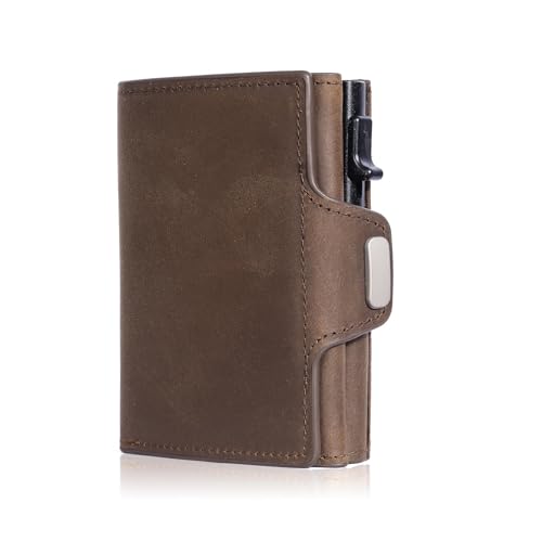 Tarjetero desplegable de cuero genuino para hombres cartera minimalista con proteccion RFID