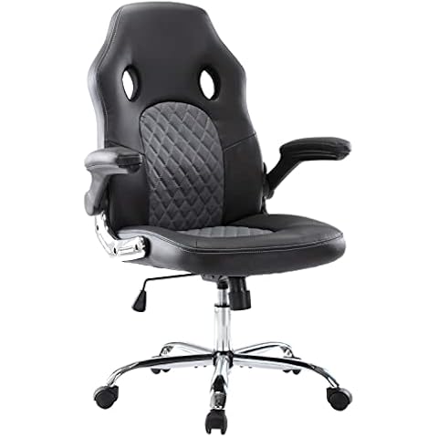 Office Gaming Chair, Ergonomic Comfortable Swivel Computer Gaming Chair Home Office Desk Chair PU Leather High Back with Flip-up Armrests, Grey Cover