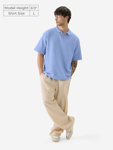Image of The Souled Store Solids: Pastel Blue Men and Boys Short Sleeves Collared Neck Textured Cotton Blend Oversized Polos