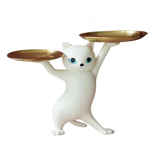 Danwnoio 鍵置き 皿を捧げる猫 小物置き 玄関 収納 樹脂製品 玄関 鍵置き 口紅 財布の収納 猫 置物 インテリア かわいい 雑貨(ホワイト)