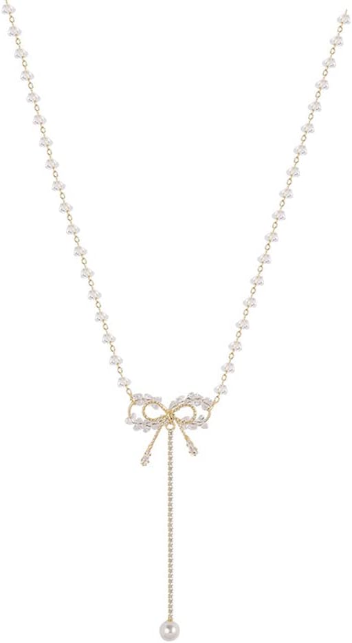 InjoehomBow Choker Necklace For Women Faux Pearl Dendant Chain White Crystal Rhinestones Aesthetic Dainty Adjustable Bow Tie Necklace For Women Mother Wife Girlfriend Sisters