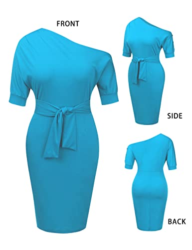 Image of Nature Comfy Elegant Womens Wear to Work One Shoulder Belted Pencil Dress