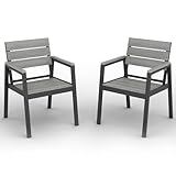 Devoko Alu Aartenstühle mit Armlehne, Gartenstuhl Set (2-teilig), Terrassenstühle Wasserfeste, Langlebige, Gartenstuhl bis 160 kg belastbar, Holzmaserung-Finish, Extrabreite Sitzfläche, Grau