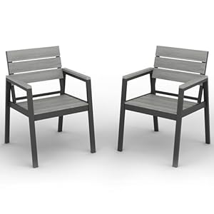 Devoko Alu Aartenstühle mit Armlehne, Gartenstuhl Set (2-teilig), Terrassenstühle Wasserfeste, Langlebige, Gartenstuhl bis 160 kg belastbar, Holzmaserung-Finish, Extrabreite Sitzfläche, Grau