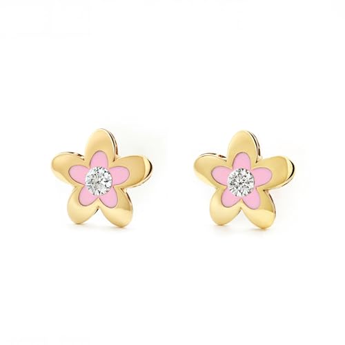 Boucles d'oreilles enfant or jaune 9 carats avec émail rose fleur