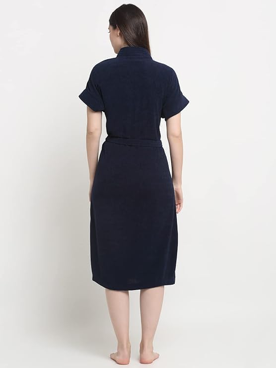 Image of Premium Micro Terry Half Sleeve Free Size Unisex Adult Bathrobe with Front Pocket - Navy Blue