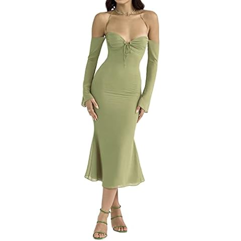 Women's Long Sleeve Spaghetti Straps Maxi Dress Hollow Out Sweetheart Halter Pleated Evening Party Club Long Dresses (Low Cut Grass Green, Medium) Cover