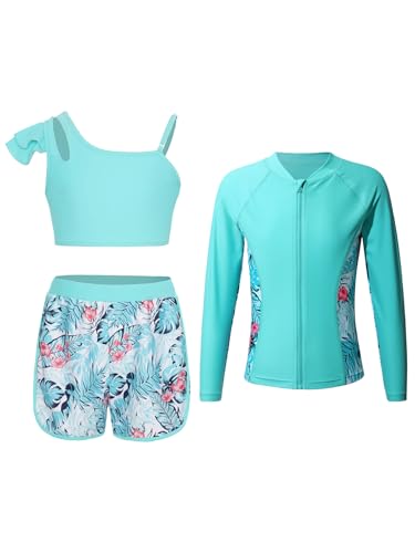 Choomomo Girls Three Pieces Rash Guard Swimsuit Long Sleeves Zip-up Swim Top with Tankini Tops and Swim Shorts Set Swimwear
