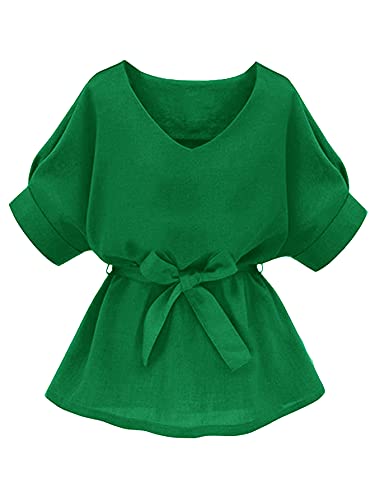 Milumia Women's Casual V Neckline Self Tie Short Sleeve Work Blouse Tunic Tops Green Large