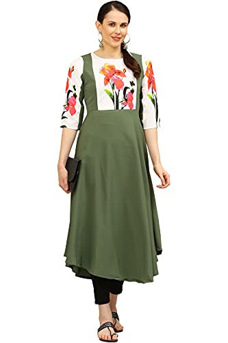 Image of Women's Crepe A-Line Printed Kurti(ALC9121MLT1 Military X-Small)