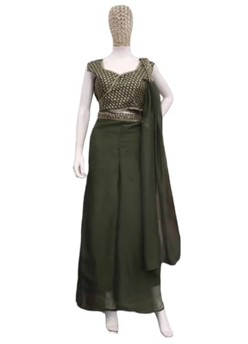Image of Women Palazzo Blouse Dupatta Set for Women,Fully Stitched Teby Silk Palazzo with BanglorySilk Blouse & Teby Silk Dupatta | Multicolour Embroidery & Sequin Work