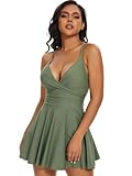 SHAPERIN Women's Swim Dress One Piece Skirted Swimsuit Tummy Control Bathing Suit Swimdress Monokini Swimwear Green S