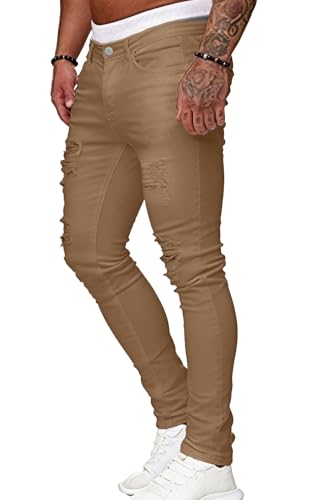 Image of HUNGSON Men's Blue Slim Fit Jeans Stretch Destroyed Ripped Skinny Jeans Side Striped Denim Pants