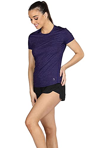 icyzone T-Shirt à Manches Courtes pour Femmes Haut de Sport, Fitness Running Tops, Lot de 3 (XL, Bleu Marine/Violet Noir/Gris Anthracite)