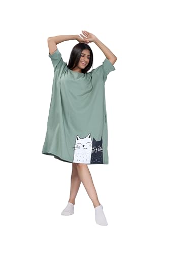 Image of LAMA STORE Women's Printed Oversized T-Shirt Dress, Cotton, 3 /4 Sleeve Length, Casual Loose Fit, Comfort Wear Extra Comfy Oversized Printed Pocket T-Shirt Dress