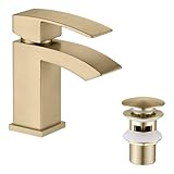 Friota Brushed Gold Waterfall Bathroom Taps with Pop Up Waste, Single Lever Anti Corrosion Mono Basin Mixer Tap with G1/2 Water Hoses, Anti Peeling Modern Deck Mounted Gold Bathroom Sink Taps