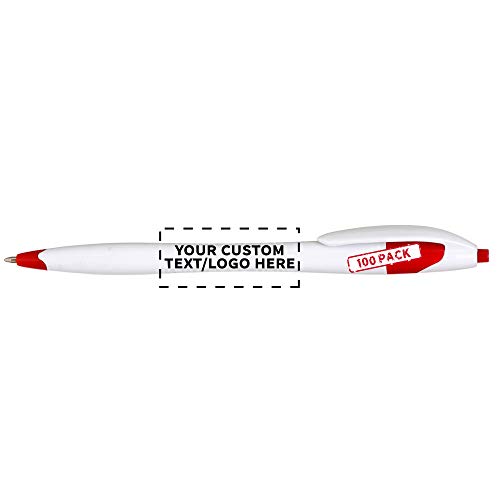 Slim Curvy White Ballpoint Pens in Bulk, Plastic, 100 pack, Custom Promotional Text, Logo, Retractable Medium Point, Modern, Red