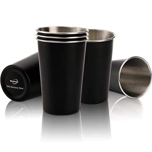 Tosnail Paquete de 6 tazas de acero inoxidable de 16 onzas, vasos de metal, vasos irrompibles, vasos de agua para niños, adultos, uso en interiores y exteriores, color negro Cover