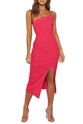 Image of OWIN Women's Adjustable Spaghetti Straps Sleeveless High Waist Split Midi Bodycon Cocktail Party Dress