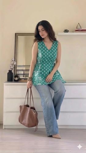 Image of Women's Red Floral Printed Sleeveless V-Neck Peplum Top, Casual Wear
