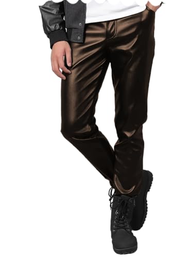 Mens Slim Fit Leather Pants 70s Retro Straight Leg Pants Disco Party Trousers Biker Pants3
