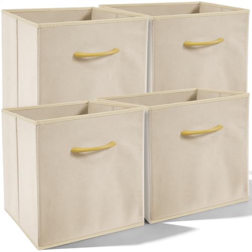 Image of Amazing Tour Cube Storage Boxes, Foldable with Handles, 4 Pack | 27x27x27cm, Beige Fabric, Collapsible for Home Office Nursery, Clothes Basket Organizer, Lightweight & Stackable