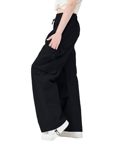 Image of AOWKULAE Girls Cargo Pants Baggy Drawstring Parachute Pants 5-16 Years | High Waist, Elastic Waist,Y2K Style,Comfortable and Loose Fit,Daily Casual Outfits