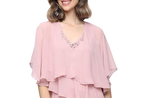Image of S.L. Fashions Women's Chiffon Tiered Jacket Dress with Beaded Neckline Mother of the Bride, Cocktail, Or Wedding Guest Dress