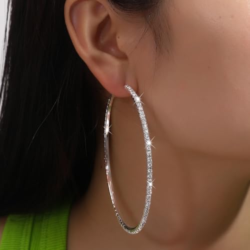 80mm Rhinestone Hoop Earrings for Women Sparkly Earrings Cubic Zirconia Circle Earring Exaggerated Prom Earring Large Rhinestones Round Hoop Earrings Silver Prom Jewelry for Party Wedding Birthday2