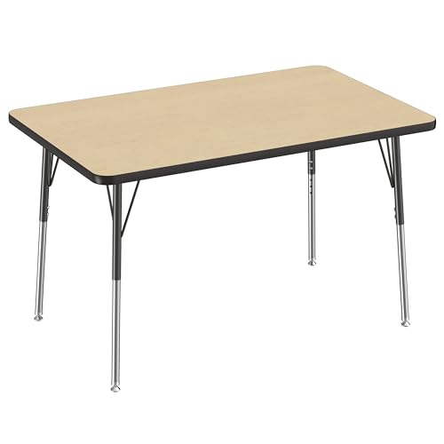 FDP Rectangle Activity School and Office Table (30 x 48 inch), Standard Legs with Swivel Glides, Adjustable Height 19-30 inches - Maple Top and Black Edge