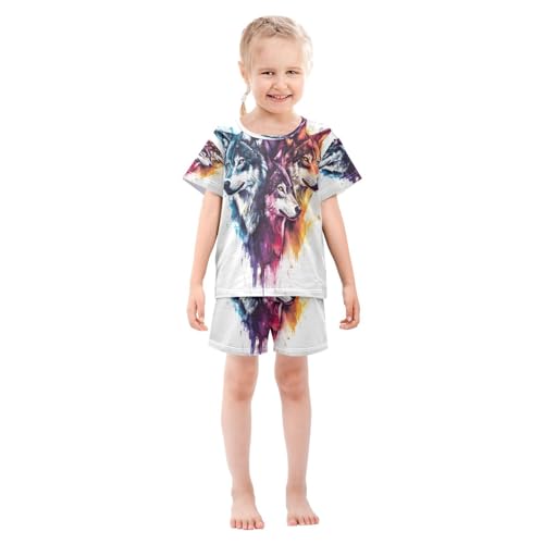 ALAZA Wolf Watercolor Stylish Pajamas Set Short Sleeve Cotton Sleepwear Summer Pjs 2 Piece 5-14Y3