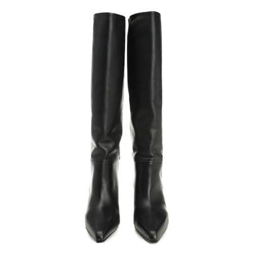 FOWT Women Classic Pointed Toe Chunky Low Heel Knee High Boots Pull on Winter Fall Leisure Daily Long Boots Size 4-16 US4