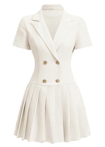 Nihsatin Women's Double Breasted Blazer Jacket Lapel Collar Short Sleeve Pleated Hem Blazer Dress