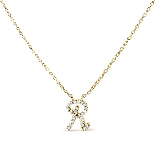 14K Yellow Gold Diamond Accent "R" Initial Script Style Pendant Necklace