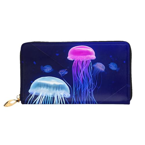 Colored Jellyfish Long Leather Wallet,Large Capacity Soft Pu Leather Purse For Women With Multiple Card Slots Phone Pocket And Zipper Coin Purse Stylish Phone Card Holder Clutch