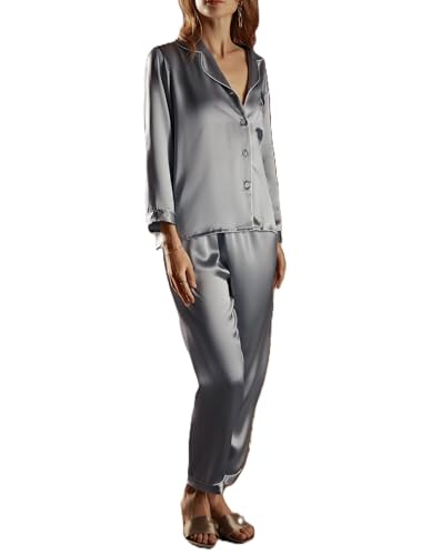 Ginell Tranquility Series Women's Silk Pajamas Set 100% Mulberry Silk Solid Colors Button Front 2 Piece PJ Set Dusty Blue