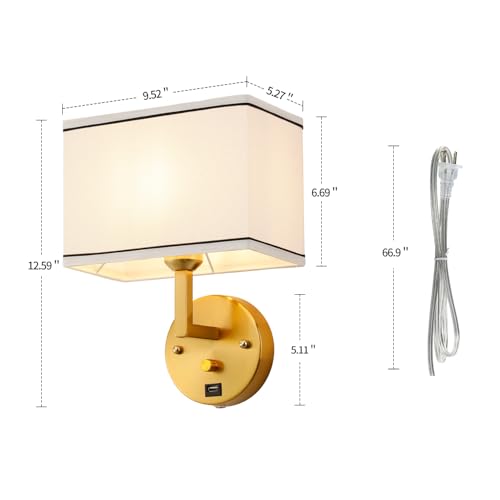 Image of 9.5 inch Wall Sconce with Plug-in Cord, USB Charging Port & Dimmer Switch, White Fabric Rectangular Shade Wall Mounted Lamp for Bedroom, Living Room, Hallway (Gold Finish)