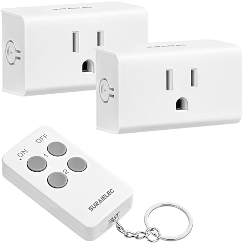 SURAIELEC 2-Channel Remote Control Outlet Kit, Keychain Remote with 2 Plug Receivers, Wireless Light Switch, 15A, 100FT Range, Plug and Play, for Lamps, Fans, Appliances, Outdoor & Holiday Lights