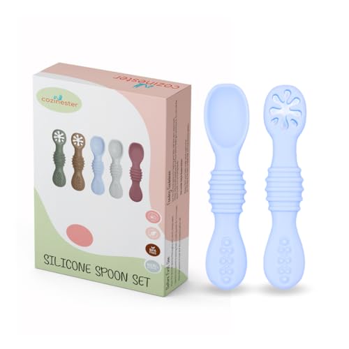 Image of Cozinester Silicone Baby Spoon & Pre-Spoon - Baby Spoons Self Feeding 6 Months, Bendable Toddler Utensils, Baby Led Weaning Supplies | BPA Free & Boil-proof (Set of 2) (Blue)