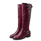 Lutalica W Botas altas de cuero mate con hebilla y cremallera trasera para mujer, Burgundy, 35.5 EU